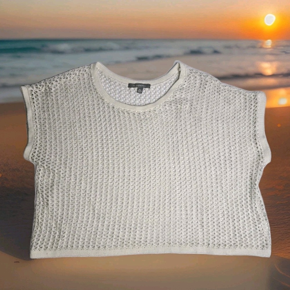 NY Collection open-knit (crochet) short-sleeve sweater in ivory/off-white SZ XL